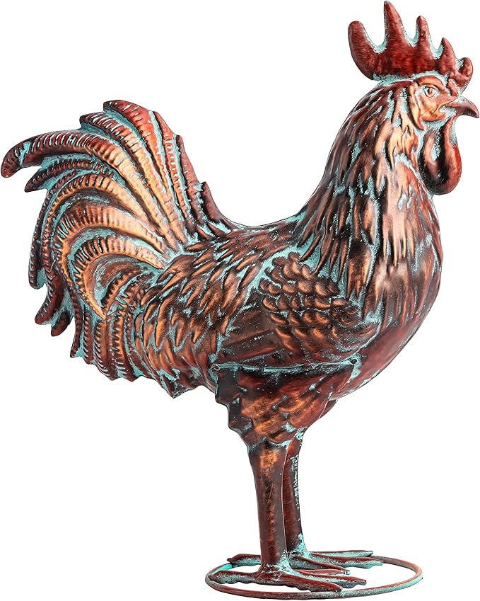 Garden Rooster Statues,15.7" L x 18.8" H Outdoor Metal Chicken Figurines,Antique Copper Chicken Sculptures & Statues Ornaments,3D Large Yard Rooster Decor for Home Kitchen Patio Farm