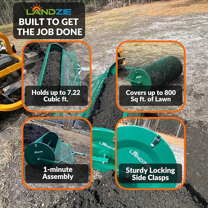 LANDZIE Lawn & Garden Spreaders - 44 Inch Heavy Duty Metal Mesh Basket Push/Tow Spreader - Compost, Peat Moss, Top Soil, Mulch - Durable Lightweight Multi-Purpose Yard Care Equipment - Manure Spreader