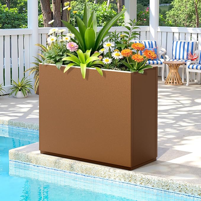 FENCY Metal Planter Box, Large Rectangular Planters for Outdoor Plants, Outdoor Tall Planters with Drainage Holes, Brown Metal Planters (30" L x 12" W x 24" H)