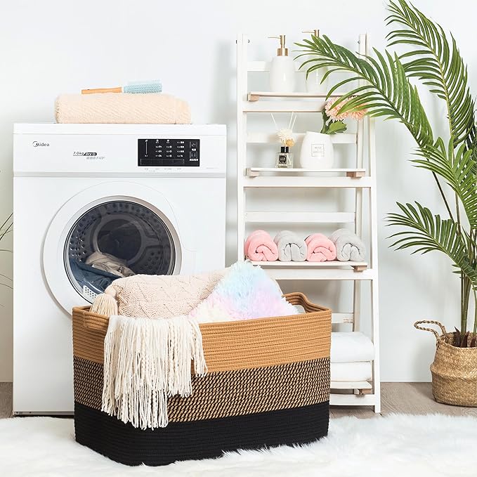 MINTWOOD Design 22in Extra Large Blanket Basket Holder for Living Room, Rectangle Rope Woven Storage Bin with Handles for Laundry, Pool Towels, and Shoes, Dog Toy Box Organizer, Black Jute