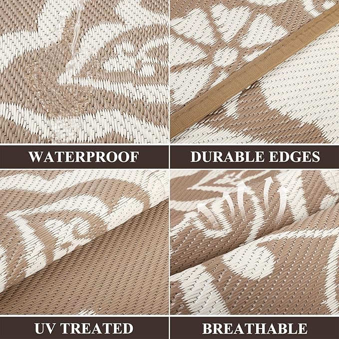 Pauwer Waterproof Outdoor Rug 10x14, Reversible Plastic Straw Patio Camping Rug, Indoor Outdoor RV Mat Carpet for Deck, Camper, Porch, Balcony, Backyard, Picnic, Boho Brown