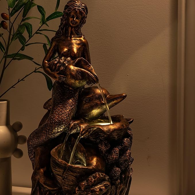 TERESA'S COLLECTIONS Mermaid Water Fountains Outdoor with LED Light Auto Slient Pump, Large Water Features for Yards Patio Garden Balcony Porch, Mermaid Garden Gifts for Mom, 21"