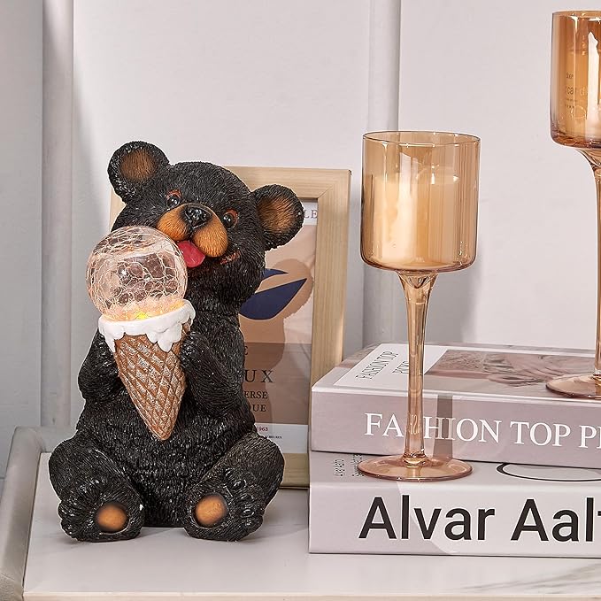 The Roo - Black Bear Solar Light Figurine - Outdoor Waterproof Garden Statue - Animal Garden Decor Light - Solar Lantern for Outside - Housewarming Gifts - Patio, Yard, and Lawn