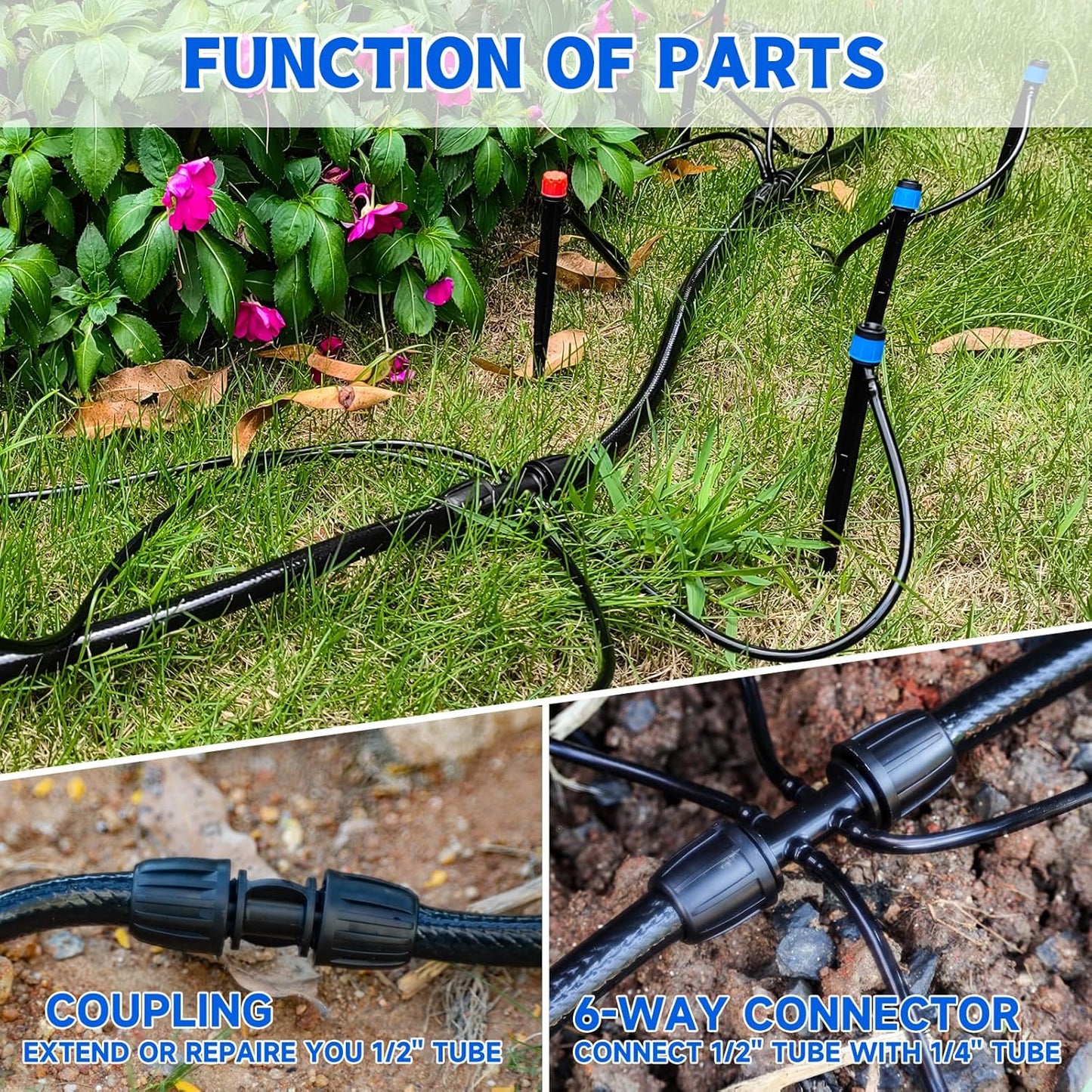 50 FT 1/2 Inch Drip Irrigation Tubing Main Drip Line Hose Tube for Garden Watering Landscape Irrigation System (Includes 2 Pack 6-Way Connector and 1/2" Straight Connector)