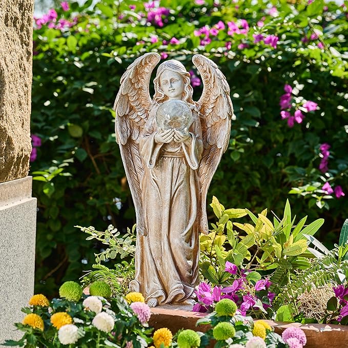 TERESA'S COLLECTIONS Large Angel Garden Statues with Solar Outdoor Light for Outdoor Decor, Fairy Figurine Resin with Wing & Glass Ball for Garden Decor, Yard Decor Lawn Ornament Gifts for Mom, 22.8"