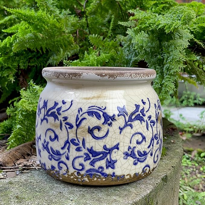 Vintage Ceramic Ice Crack Flower Pot with Drainage Holes, Country Rustic Planters for Indoor and Outdoor,Tuscan Decor,Home,Living Room, Garden Decor, Gardening Gift (Tropical)