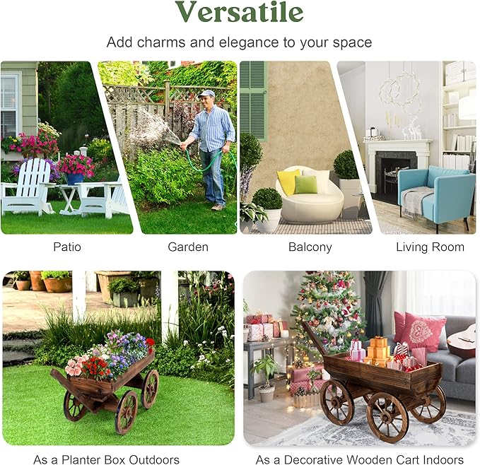 Wood Wagon Planter for Outdoor Balcony Decor - Garden Rustic Wooden Flower Cart with Wheels for Outside Garden Decor Wheelbarrow Planter for Patio