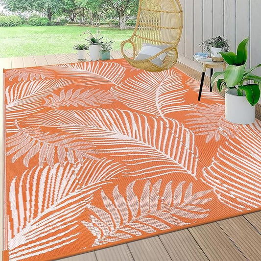 Pauwer Waterproof Outdoor Rug 6x9, Reversible Plastic Straw Patio Camping Rug, Indoor Outdoor RV Mat Carpet for Deck, Camper, Porch, Balcony, Backyard, Picnic, Leaf Orange
