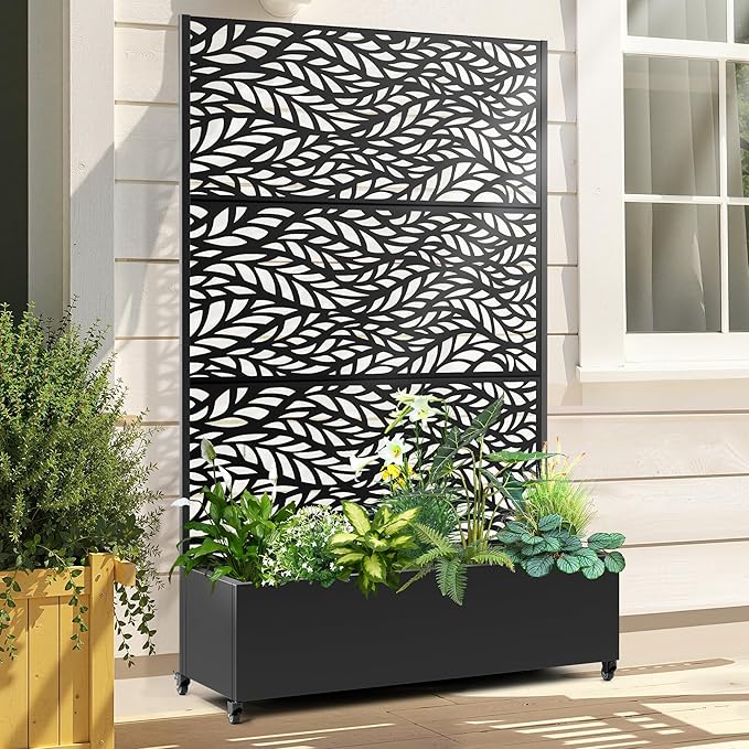 Raised Garden Bed with Trellis and Wheels,73"x47"x16" Metal Raised Garden Bed,Black Flowing Leaf Metal Planter with Climbing Trellis for Vines & Vegetables