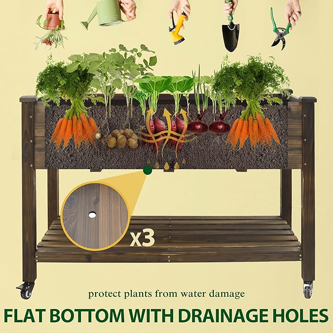 MUPATER 4x2FT Raised Garden Bed, Planter Box with Four Wheels and Legs for Herbs and Vegetables, Elevated Garden Bed with Drainage Holes for Outdoor Indoor, Rustic