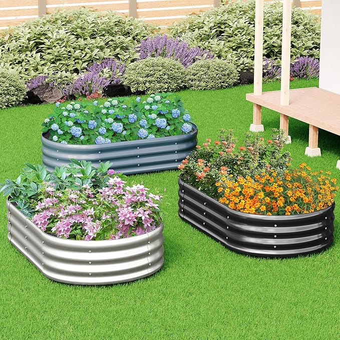 zizin Galvanized Raised Garden Bed Metal Oval Raised Garden Beds Outdoor Planter Box for Vegetables (9x3x1.3FT, Silver)