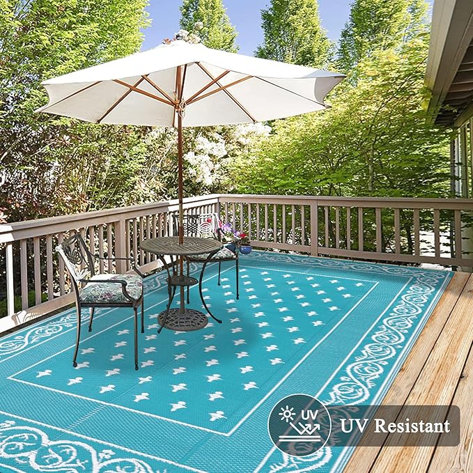 Pauwer Waterproof Outdoor Rug 8x10, Reversible Plastic Straw Patio Camping Rug, Indoor Outdoor RV Mat Carpet for Deck, Camper, Porch, Balcony, Backyard, Picnic, Bordered Teal