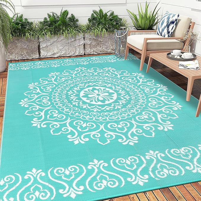 Pauwer Waterproof Outdoor Rug 8x10, Reversible Plastic Straw Patio Camping Rug, Indoor Outdoor RV Mat Carpet for Deck, Camper, Porch, Balcony, Backyard, Picnic, Floral Light Blue