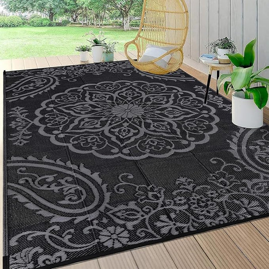 Pauwer Waterproof Outdoor Rug 8x10, Reversible Plastic Straw Patio Camping Rug, Indoor Outdoor RV Mat Carpet for Deck, Camper, Porch, Balcony, Backyard, Picnic, Boho Black Grey