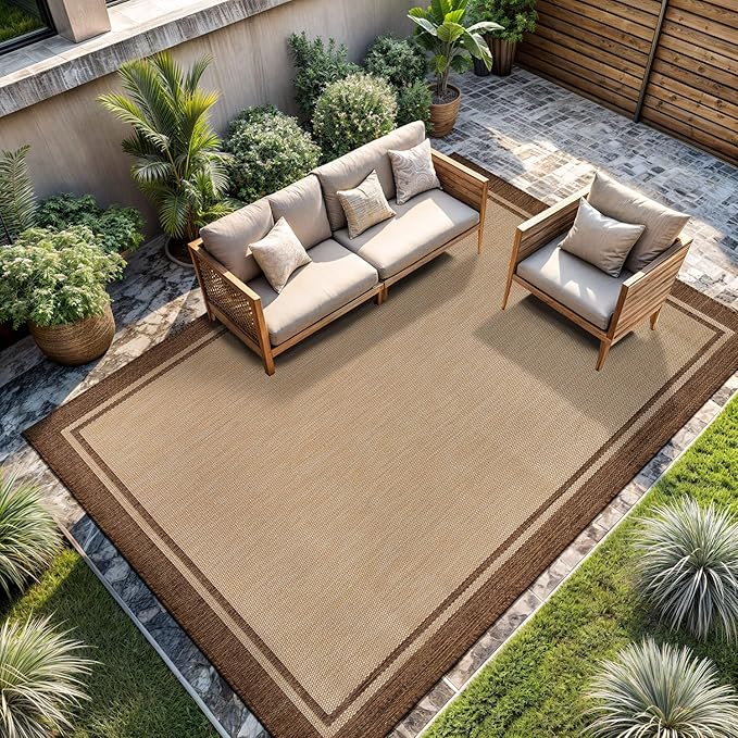 CAMILSON Outdoor Rug 6x9 Bordered Natural Brown Modern Area Rugs for Indoor and Outdoor Patios, Kitchen and Hallway Mats, Washable Porch Deck Outside Carpet (Border Jute, 6 x 9)
