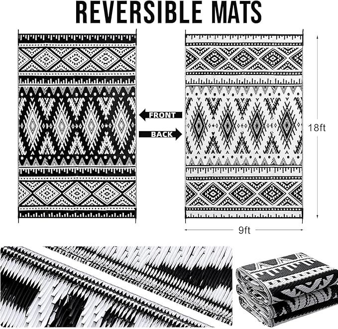 OLANLY Outdoor Rug Waterproof 9x18 ft, Reversible Outdoor Plastic Straw Rug, Boho Patio Rug, Indoor Outdoor Carpet, RV Mat Outside for Patio, Camp, Picnic, Balcony, Deck, Backyard, Black & White
