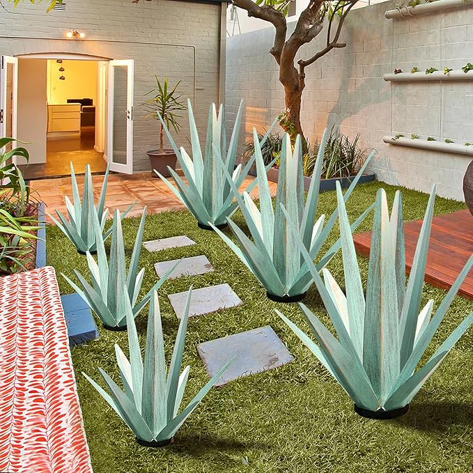 Large Tequila Rustic Sculpture, Rustic Metal Agave Plants for Outdoor Patio Yard, Home Decor Hand Painted Metal Agave Garden Yard Statue, Outdoor Lawn Ornaments (Mint Green - M)