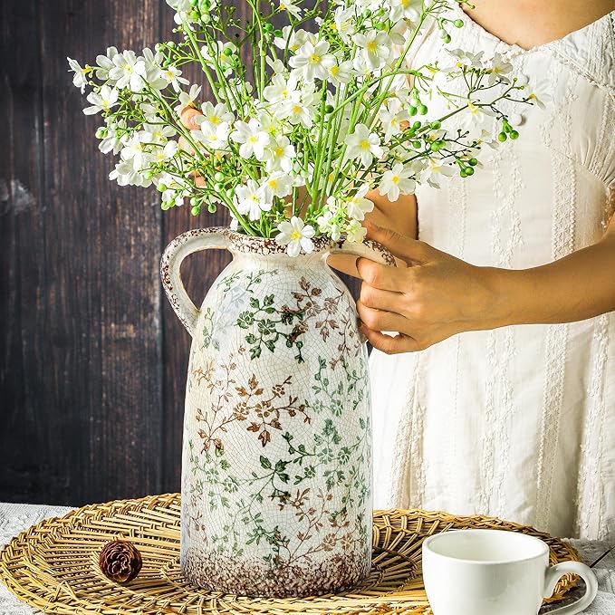 Enra Large Vintage Green and Beige Ceramic Chinoiserie Floral Vase, 11.2 Inch Rustic Decorative Flower Vase for Home, Living Room, Kitchen, or Office – Pastoral Retro Design