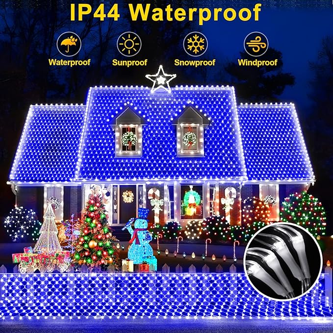 KNONEW Christmas Net Lights 360 LEDs 13ft x 9.8ft Outdoor Mesh Lights Connectable Waterproof 8 Modes & Timer Plug-in Net Fairy Lights for Bushes Garden Party Wedding Holiday,Blue