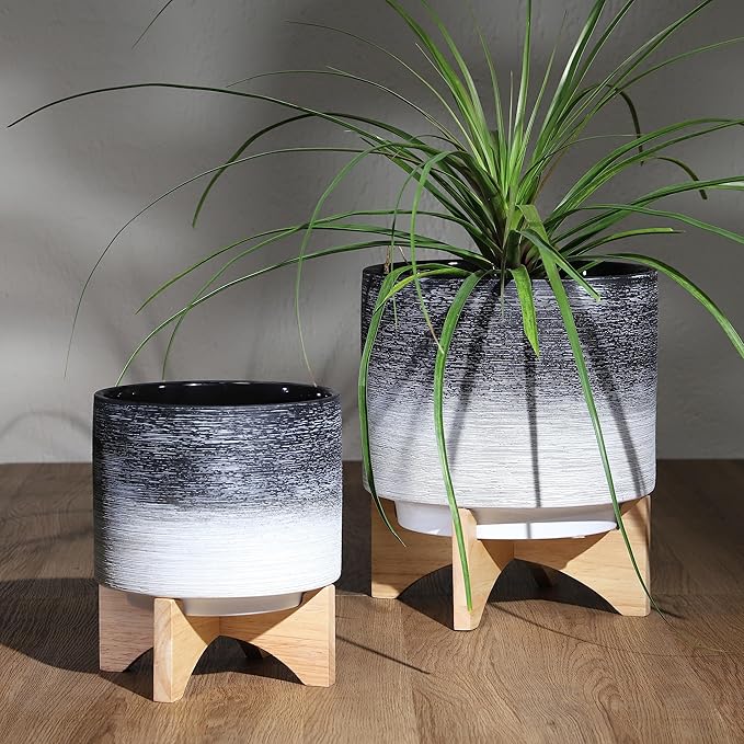 Sagebook Home 8" Planter on Stand - Ceramic Planter on Wooden Base - Contemporary Gray and White Textured Design Indoor or Outdoor Plant Stand Decor
