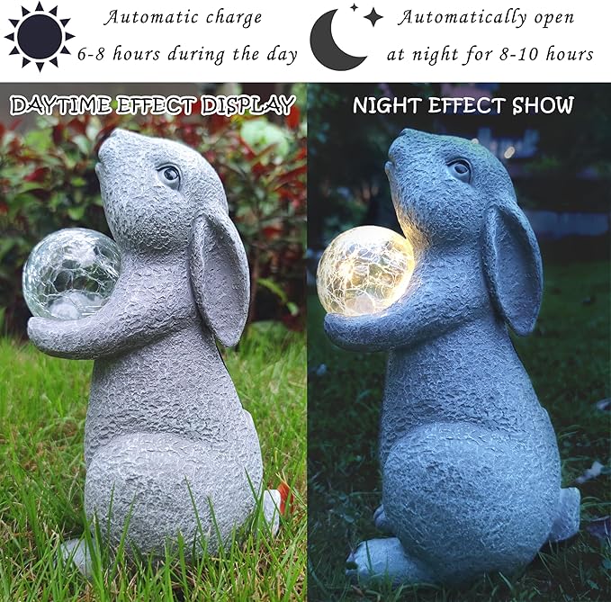 Solar Rabbit Statue Garden Decor -Rabbit Lover Gifts, with Gazing Solar LED Lights Ball Bunny Decoration for Garden Yard Patio Lawn Balcony - Gifts for Mom Grandma