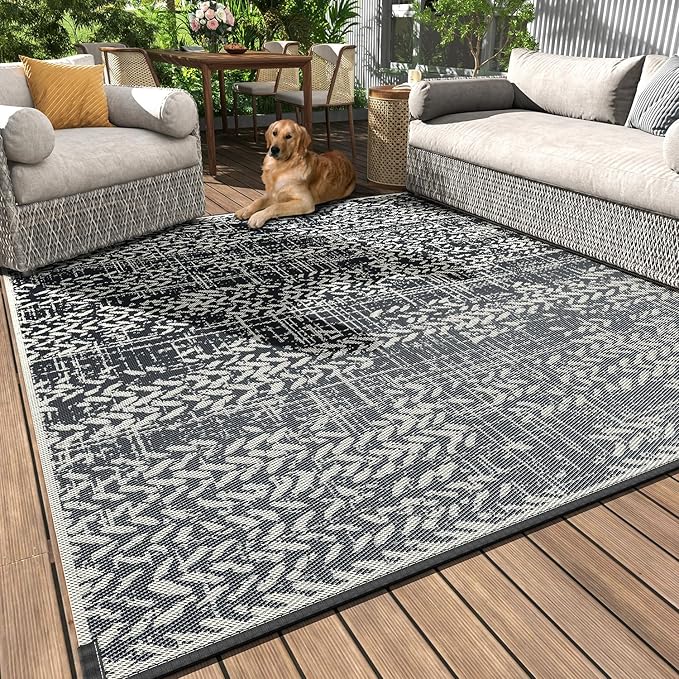 MontVoo Outdoor Rug 9x12 Waterproof-Patio Rug Outdoor Carpet Reversible RV Camping Picnic Plastic Straw Rug Outside Outdoor Area Rug for Balcony Deck Backyard Patio Decor Boho Modern Abstract Grey