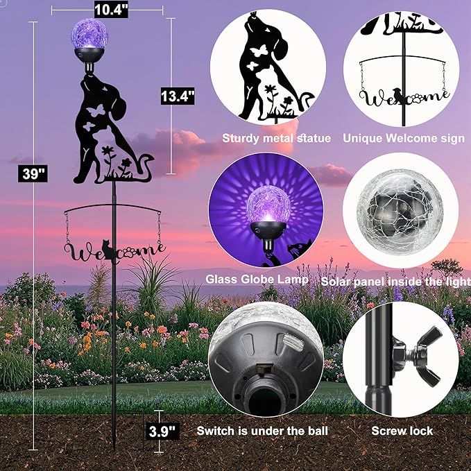 Solar Outdoor Garden Stakes with Crystal Ball Light Solar Metal Dog Statue Black Dog Patio Garden Decorative Stakes with Solar Lantern Christmas Birthday Gifts