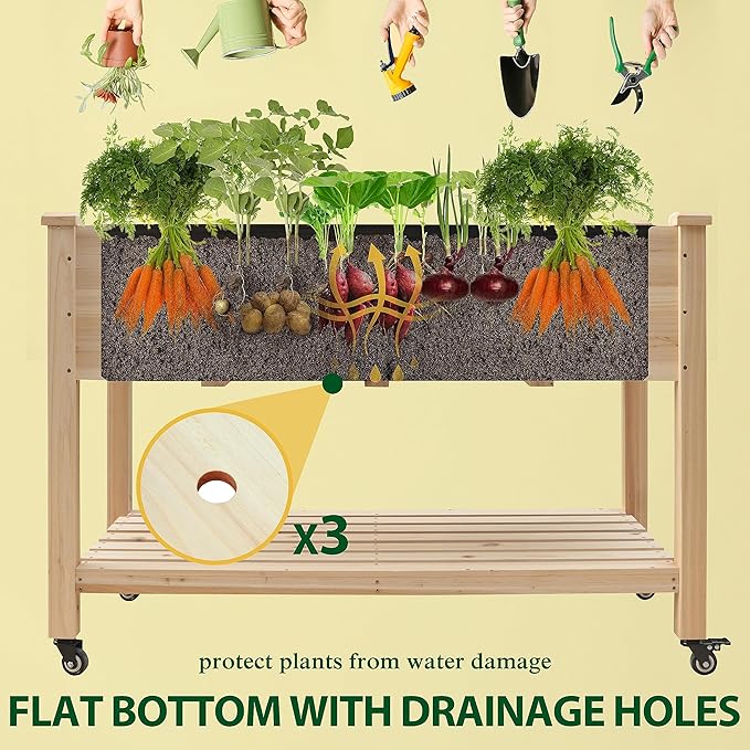 MUPATER 4x2FT Raised Garden Bed, Planter Box with Four Wheels and Legs for Herbs and Vegetables, Elevated Garden Bed with Drainage Holes for Outdoor Indoor, Natural Wood
