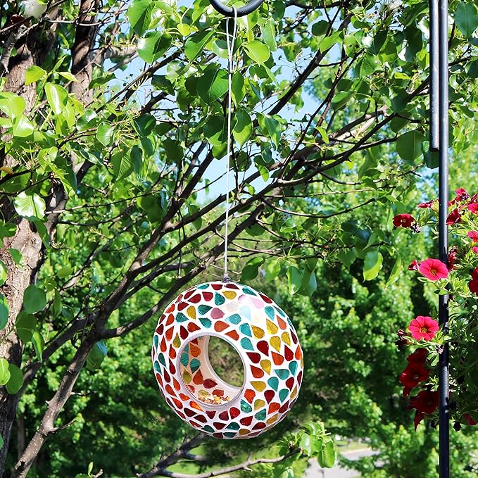 Sunnydaze 6-Inch Glass Mosaic Hanging Bird Feeder for Outdoors - Fly-Through Wild Bird Feeder - Confetti Mosaic