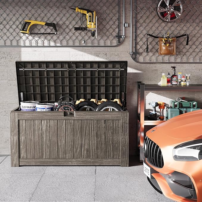 Greesum 120 Gallon Outdoor Storage Box with Lock - Large Resin Deck Box, Reinforced Lid for Garden, Patio, Lawn, Coffee