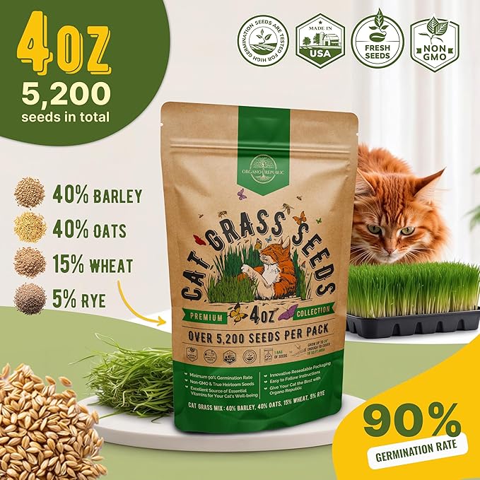 Cat Grass Seeds Mix - 5,200 Non-GMO Heirloom Seeds for Cats & Pets, 4 oz Pack for Growing Fresh Barley, Oat, Rye & Wheat Grass Seeds for Planting, Indoor Plants for Pets, Hairball Remedy for Cats