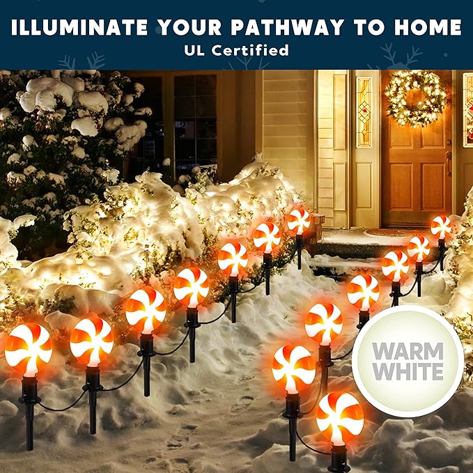 Joiedomi Set of 14 Christmas Lollipop Pathway Lights Outdoor with Stakes and Clips, 14.3 FT Plug in Peppermint Walkway String Lights for Christmas Decoration, Yard, Pluggable, Hangable, Waterproof