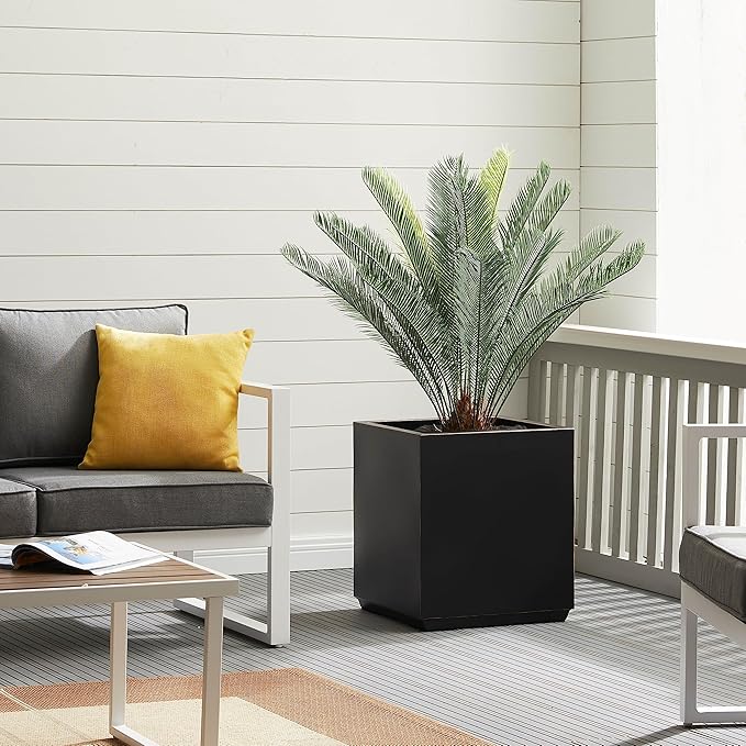 Metallic Heavy Cube Planter Box, No Assembly Required, Seamless Large Black Outdoor Planter 17”Lx17”Wx20”H 24Pounds Black with Hand Brushed Gold Rim