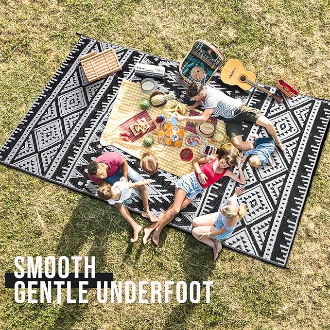 OLANLY Outdoor Rug Waterproof 5x8 ft, Reversible Outdoor Plastic Straw Rug, Boho Patio Rug, Indoor Outdoor Carpet, RV Mat Outside for Patio, Camp, Picnic, Balcony, Deck, Backyard, Black & White