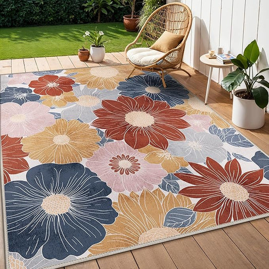 GENIMO Indoor Outdoor Area Rug 8' X 10' Waterproof, Washable Patio Rug Non Shedding, Easy Cleaning Floral Outdoor Carpet for Living Room, Bedroom, Dining Room, Balcony, Backyard, Deck, RV, Red Blue