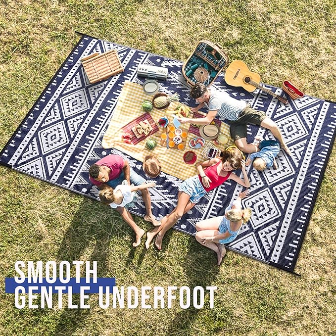 OLANLY Outdoor Rug Waterproof 9x18 ft, Reversible Outdoor Plastic Straw Rug, Boho Patio Rug, Indoor Outdoor Carpet, RV Mat Outside for Patio, Camp, Picnic, Balcony, Deck, Backyard, Navy & White