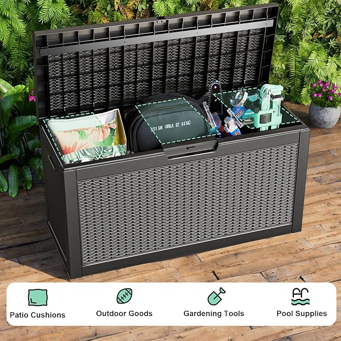 60 Gallon Resin Deck Box, Lockable Outdoor Storage Box for Patio Cushions Storage Furniture,Garden Tools, Pool Supplies, Weatherproof and UV Resistant（Black Rattan）