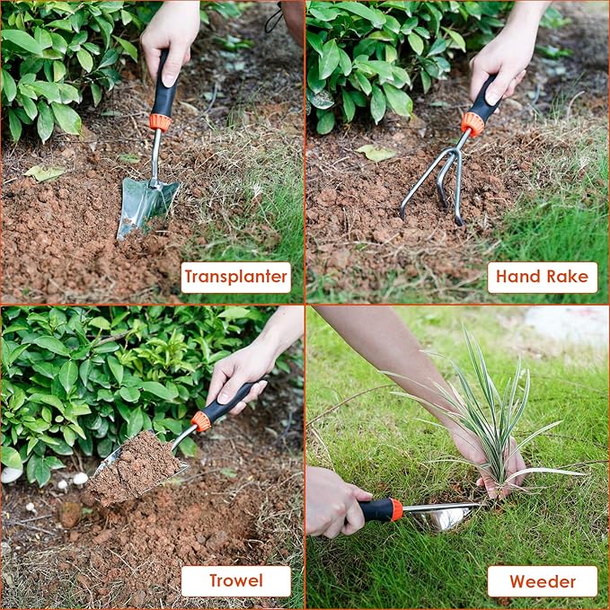 Garden Tool Set, 9 Piece Stainless Steel Heavy Duty Gardening Tool Set, with Non-Slip Rubber Grip, Storage Pocket, Ideal Gardening Gifts for Men