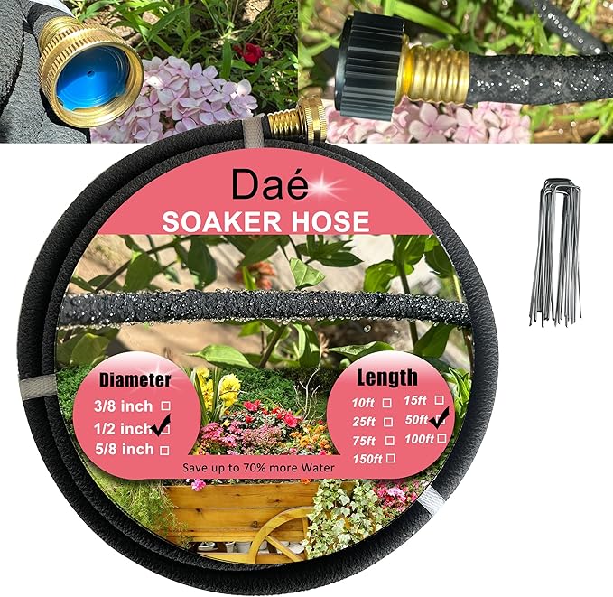 Rubber Soaker Hose, 1/2 inch, 50ft Garden Hose for Irrigation,Water-Saving up to 70%, Brass Connector Leak-Proof, Heavy-duty Hose, Watering for Trees,Lawns, Vegetables and Flowers.