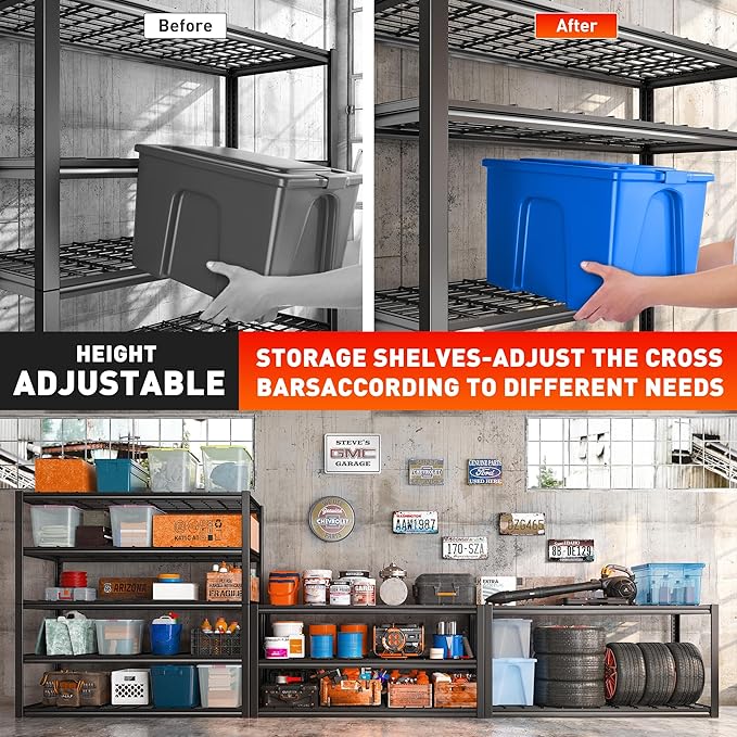 REIBII 48.2''W Garage Shelving Heavy Duty Metal Shelving 3000LBS Storage Shelves Adjustable Metal Shelves Industrial Garage Shelf for Warehouse Basement, 4 Pack