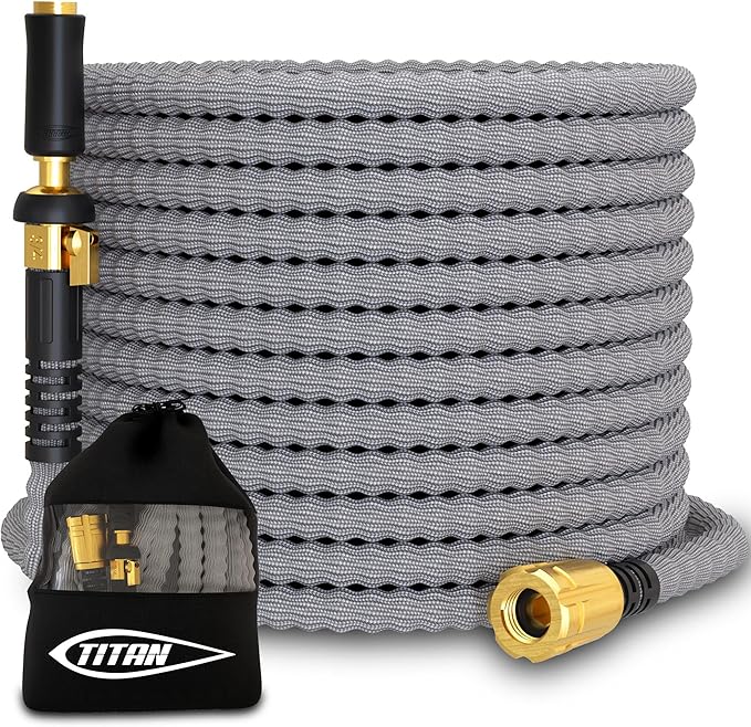 TITAN Flexible Garden Hose 50FT – Ultra Lightweight, Heavy Duty Water Hose with Brass Fittings & Jet Nozzle – Kink-Free, Non-Expanding, Durable Fabric Hose for Yard, Lawn, Car Wash, Outdoor Use