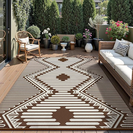 MontVoo Outdoor Rug-Waterproof Patio Rug Mat 5x8 Outdoor Carpet Mat Reversible Plastic Straw Outside Outdoor Rug for RV Camping Picnic Balcony Backyard Pool Deck Porch Modern Boho Beige Brown