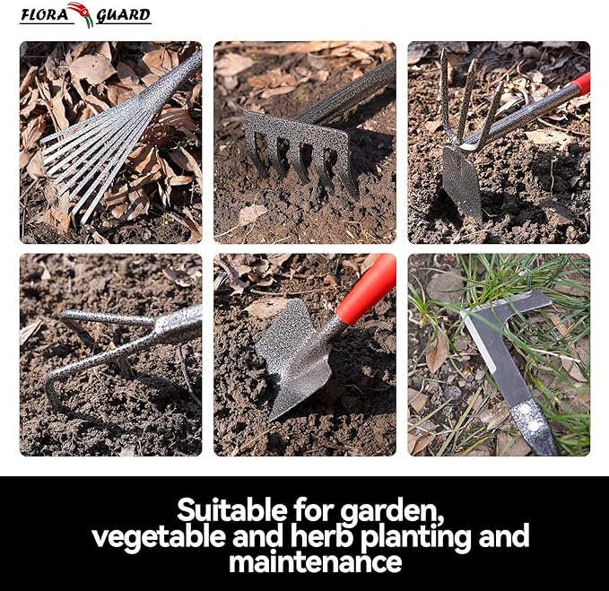 FLORA GUARD Garden Tool Set， 6 Piece Heavy Duty, Large Size Gardening Hand Tools, Sturdy & Durable, Classic Utility Gardening Gift for Men and Women