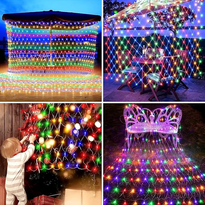 Christmas Net Lights, 204 LED Outdoor Mesh Lights Waterproof, Bush Solar Net Lights with 8-Lighting Modes for Tree Garden Yard Christmas Wedding Party Decoration(Multi-Colored)