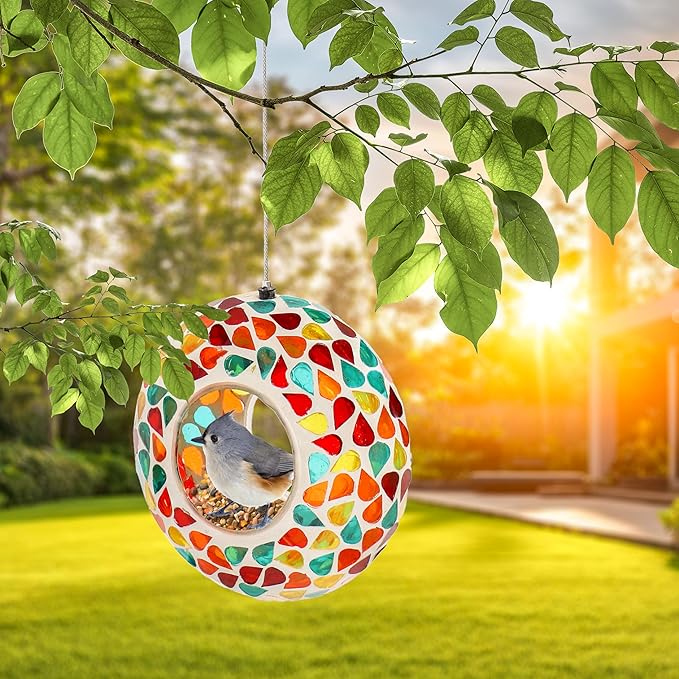 Sunnydaze 6-Inch Glass Mosaic Hanging Bird Feeder for Outdoors - Fly-Through Wild Bird Feeder - Confetti Mosaic