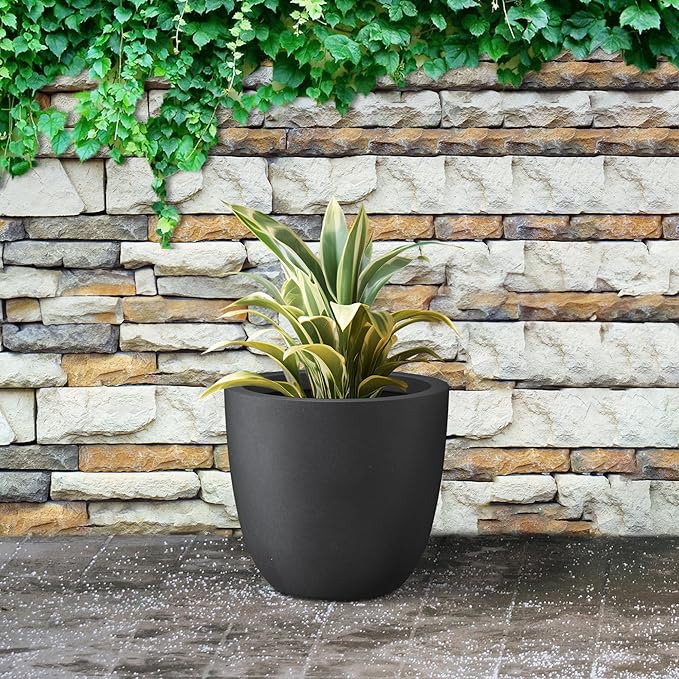 Kante 14 Inch Dia Round Concrete Planter, Indoor Outdoor Large Plant Pot with Drainage Hole and Rubber Plug for Home Patio Garden, Black