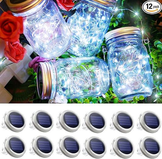 Mason Jars Lids 30 LED 12 Pack Solar Fairy Firefly Lights - Solar Lantern Hanging Lights for Patio Yard Garden Wedding Decorations - Cool White