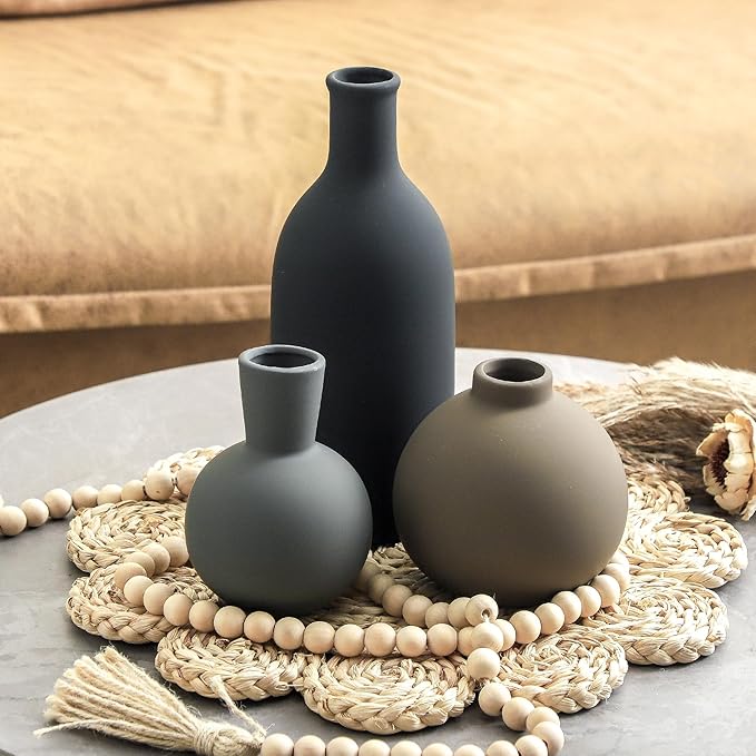 Ceramic Vase Set of 3 | Neutral Vases Home Decor | Modern Flower Pottery Vases Rustic Farmhouse Vase for Table Entryway Mantel Centerpiece Bookshelf Living Room Bathroom Bedroom -Multicolor Large