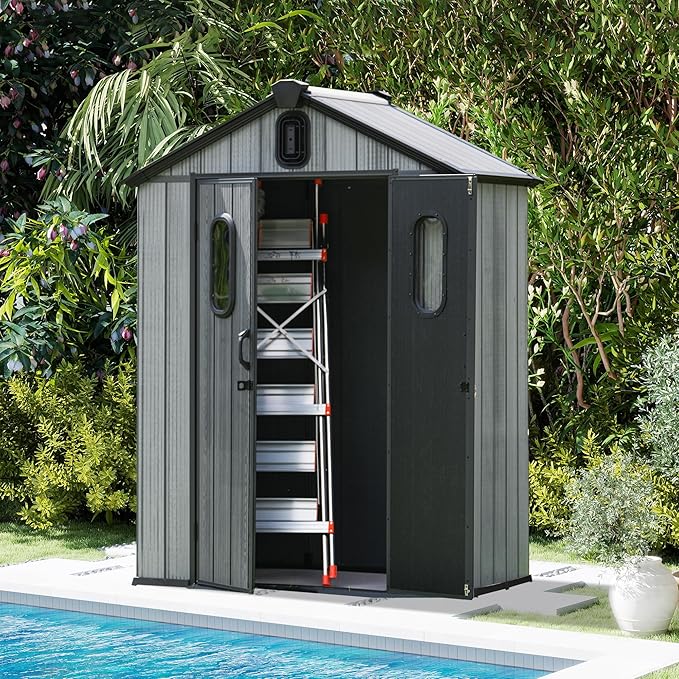 Domi 5x3 FT Outdoor Resin Storage Shed, All-Weather Double-Wall Storage Building for Backyard, Garden, Lawn Tools, Mower, Bike & Pool Equipment, Lockable Doors, Ventilated Roof, Grey