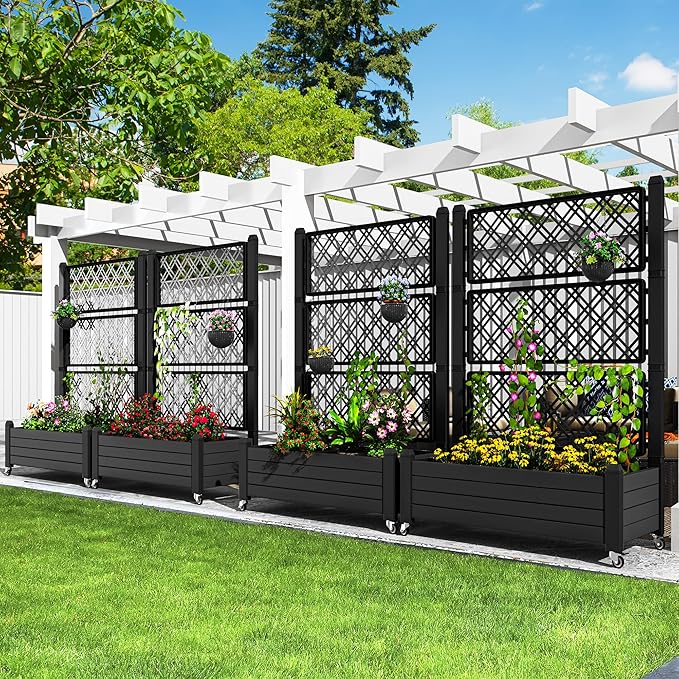 YITAHOME 43.3x17.7x61 in Planter Trellis Box with Wheels & Drain Plug, Outdoor Resin Raised Garden Bed for Climbing Plants, Large Weather-Resistant Design, Black